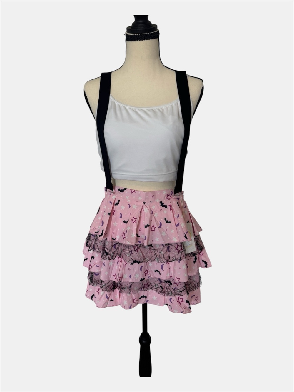 Little for Big Pink Tiered Ruffle Mini Skirt with Lace Trim and Suspenders